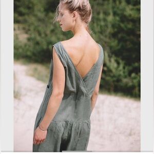 Jumpsuit Linenfox Black wide leg comfy Pleated linen Jumpsuit V-Neck Casual